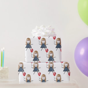 Papel De Presente Stick Girl Com Balão Vermelho De Aniversário
