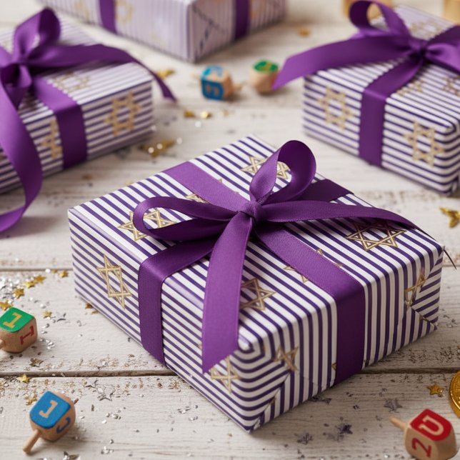 Papel De Presente Striped Indigo Jewish Gold Star of David (Elegant Jewish Star of David Striped Indigo & White Pattern for Hanukkah, Bat Mitzvah, Mazel Tov)