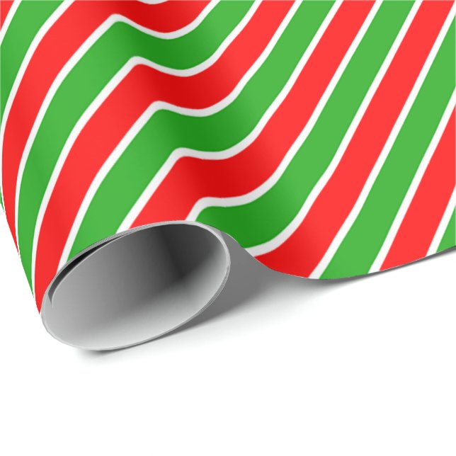 Papel De Presente Stripes de Diagonal Branco Verde Vermelho (Ponta do rolo)