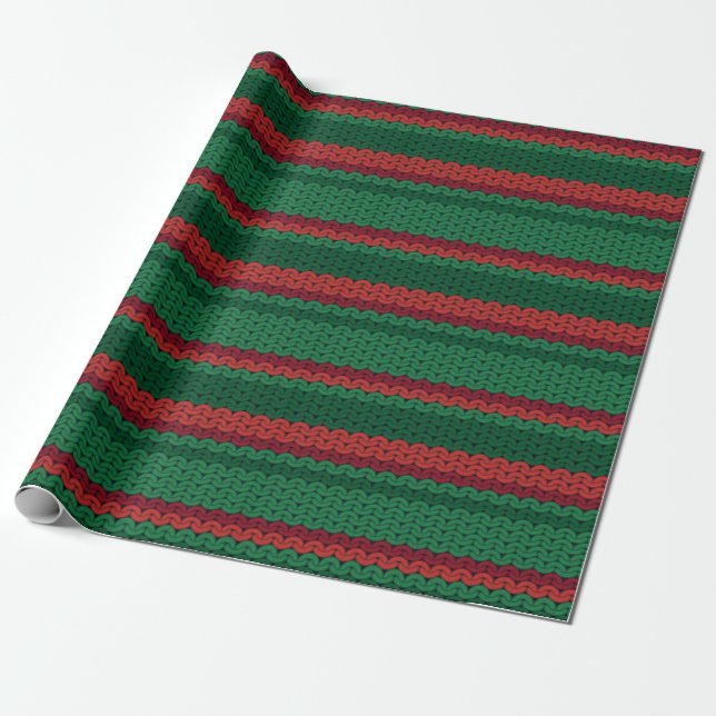 Papel De Presente Stripes de knit vermelho e verde (Desenrolado)