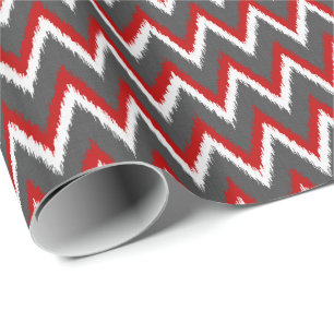 Papel De Presente Stripes Ikat Chevron - Vermelho, Branco e Cinza / 