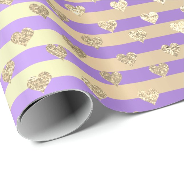 Papel De Presente Stripes Linhas Corações Champaigne Dourado Roxo (Ponta do rolo)