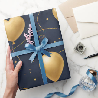 Papel De Presente Stylish Navy Blue & Gold Balloons Birthday