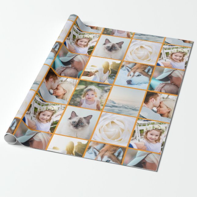 Papel De Presente Sua Foto Colagem Personalizada em Grade Laranja (Desenrolado)