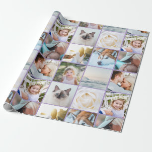 Papel De Presente Sua Foto Colagem Personalizada em Grade Lavanda ro