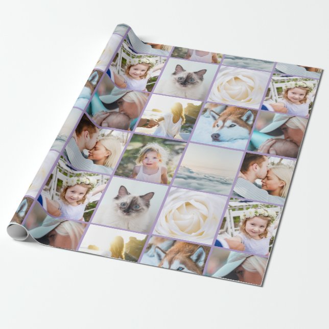 Papel De Presente Sua Foto Colagem Personalizada em Grade Lavanda ro (Desenrolado)