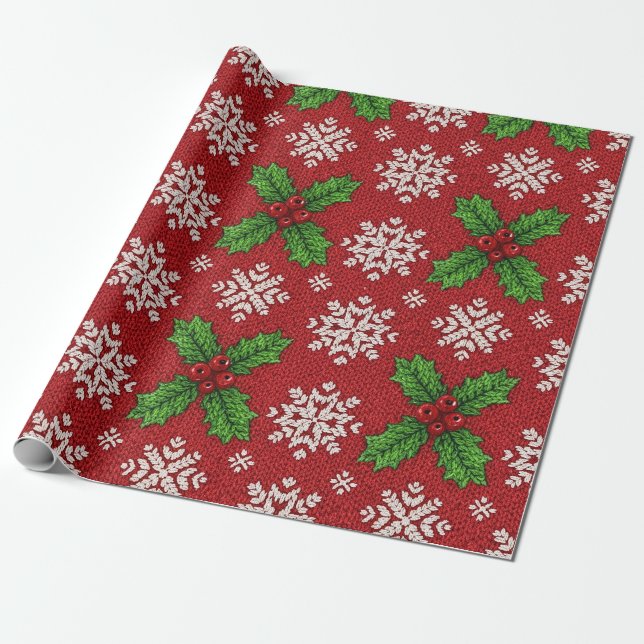Papel De Presente Suéter Vermelho de Natal com Tricô de Azevinho e F (Desenrolado)