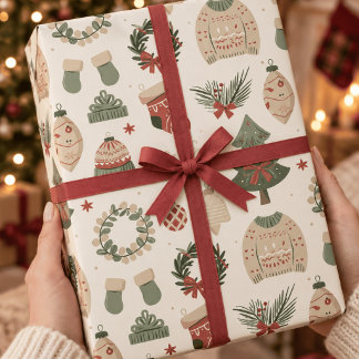 Papel De Presente Suéteres de Natal Aconchegantes & Árvores Evergree