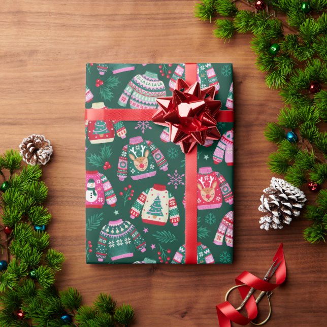 Papel De Presente Suéteres de Natal Feios com Papais noeis e Reindee (Presente de Natal)