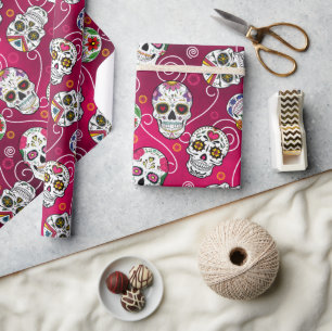 Papel De Presente Sugar Skulls and Swirls Red ID725