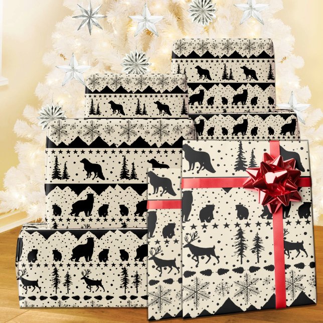 Papel De Presente Suíno Nórdico Suéter Negro (Nordic Sweater Creamy White & Black Winter Animals Christmas Holiday Wrapping Paper Rolls)