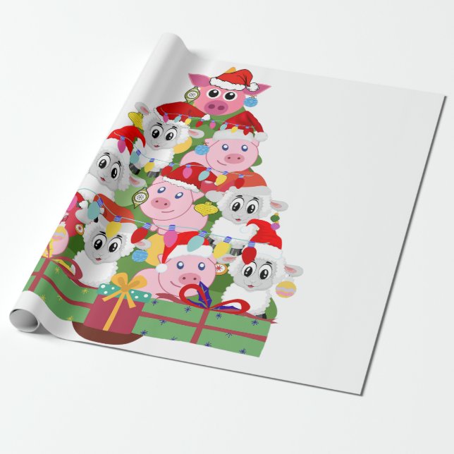 Papel De Presente Suínos e Árvore de Natal de Ovinos (Desenrolado)