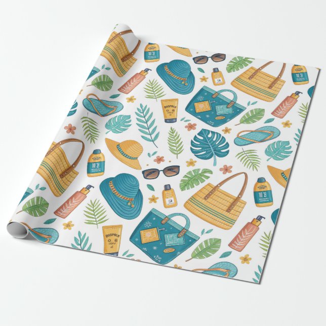Papel De Presente Summer Beach Essentials Pattern (1) (Desenrolado)