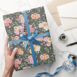 Papel De Presente Summer Boho Floral em Cinzas Escuras