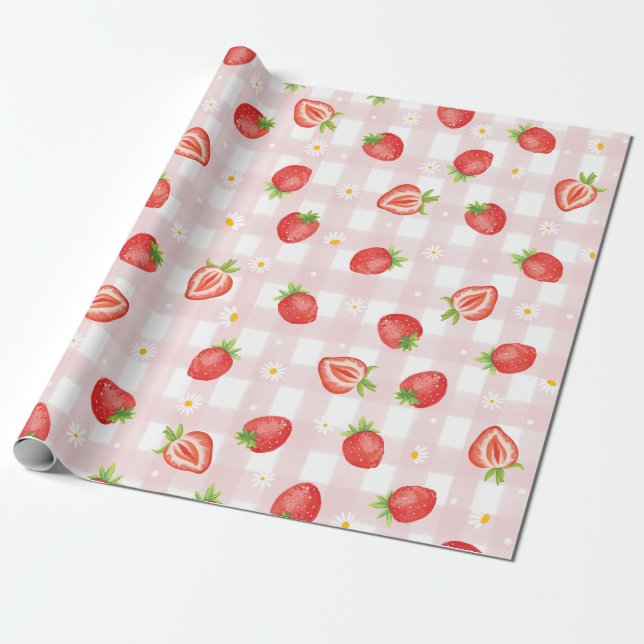 Papel De Presente Summer Strawberry Daisy Floral Pink Gingham (Desenrolado)