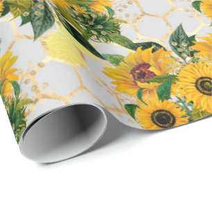 Papel De Presente Summer Sunflower Dourado Honeycomb Gift
