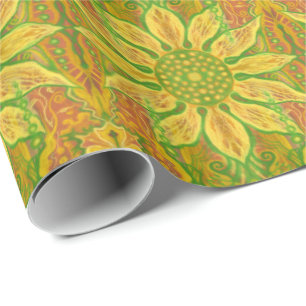 Papel De Presente Sun Flower bohemian art amarelo laranja verde