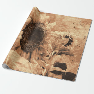 Papel De Presente Sunflower Sepia Vintage Antiquado País Floral