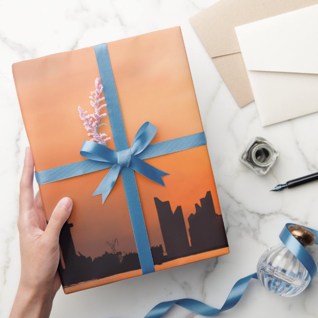 Papel De Presente Sunset sobre uma cidade litorânea - aquarela (Presentear)