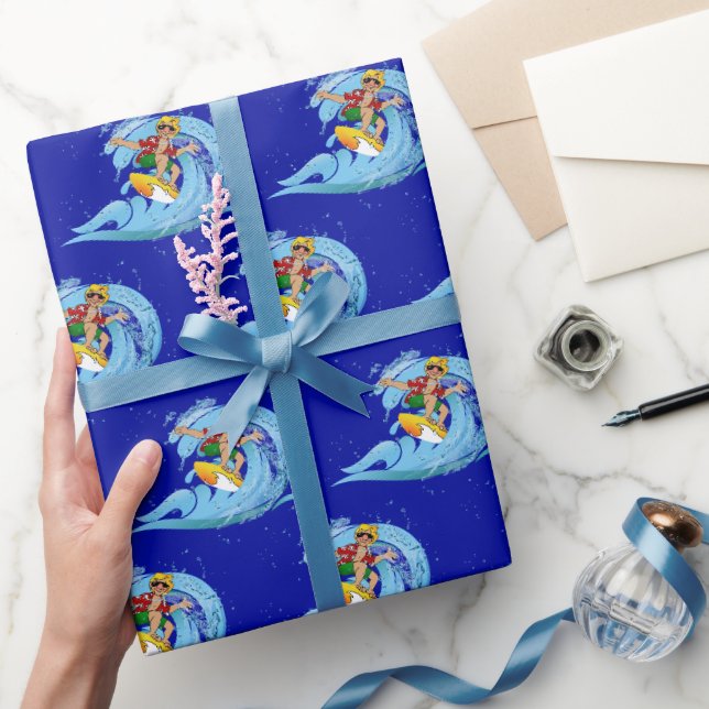 Papel De Presente Surfer na onda azul (Presentear)