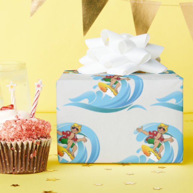 Papel De Presente Surfer na onda azul (Festa de aniversário)