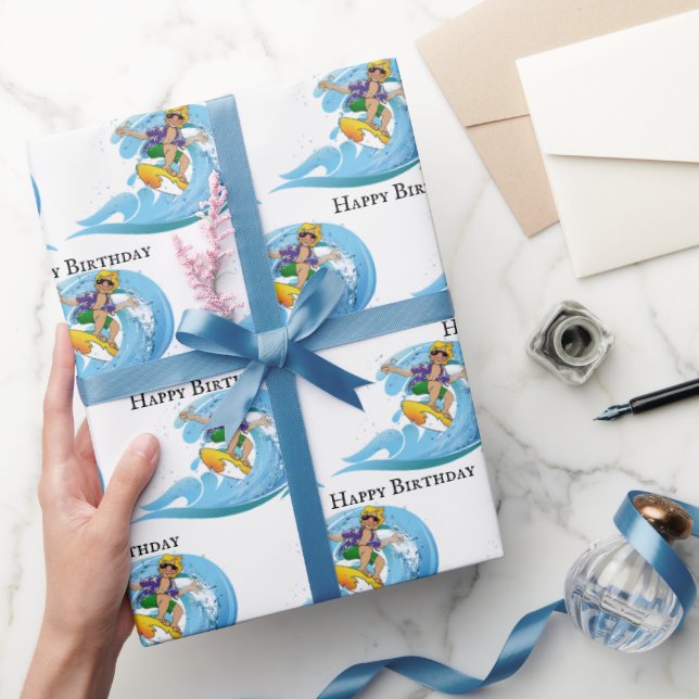 Papel De Presente Surfista de Aniversário na Onda Azul (Presentear)