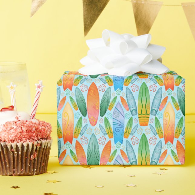 Papel De Presente Surfistas de Laranja Verde e Verão Azul (Festa de aniversário)