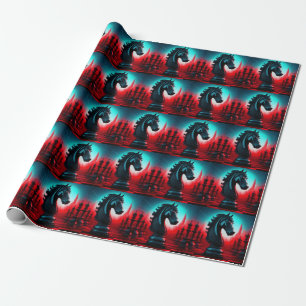 Papel De Presente Surreal Intriciona Peça de Xadrez Cavaleiro Negro