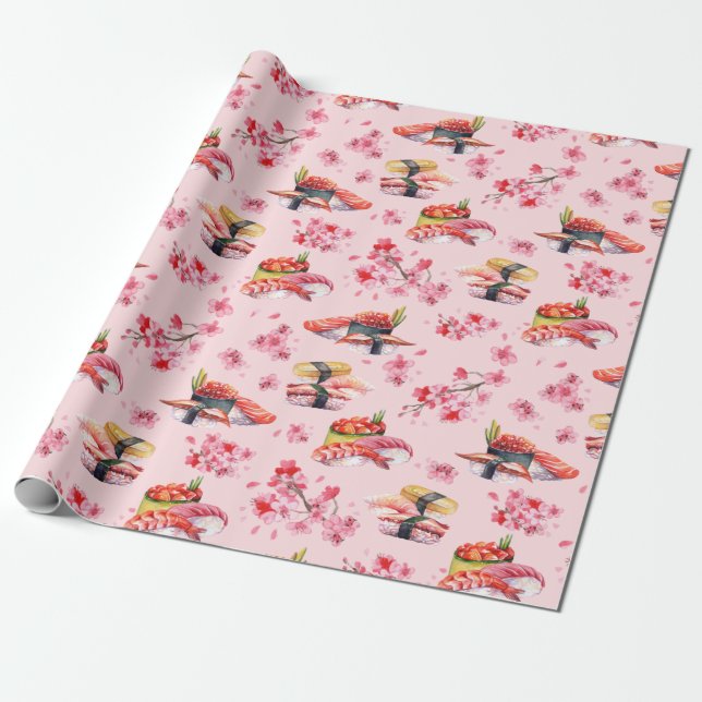 Papel De Presente Sushi comida japonês e sakura florescente (Desenrolado)