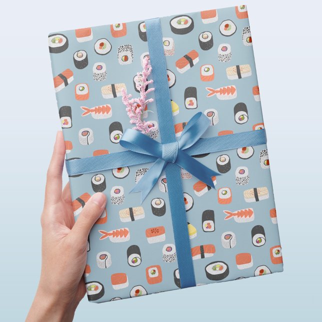 Papel De Presente Sushi Nigiri Maki Roll Pattern Blue (Japanese sushi gift wrapping paper)