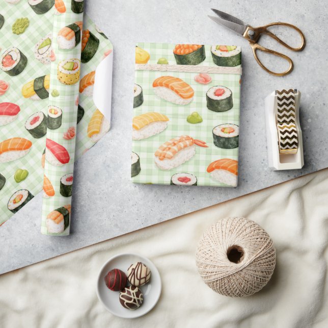 Papel De Presente Sushi Pattern on Light Green Grid (Artesanato)
