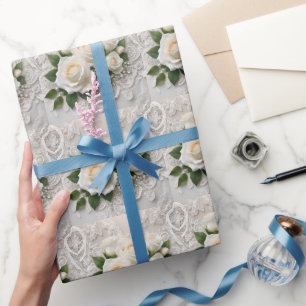 Papel De Presente Sussurro da Elegância: Rosas Lace e Voos Eternos