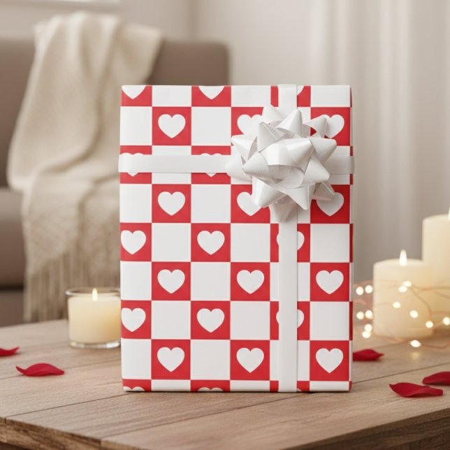 Papel De Presente Sweetheart Red & White Checkerboard With Hearts (Sweetheart Red & White Checkerboard With Hearts Wrapping Paper)