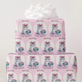 Papel De Presente Sweten Kitten Grande Arco Rosa Adicionar Nome de A