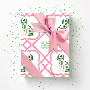 Papel De Presente Swoon Staffordshire Dogs Trellis Rosa e Verde