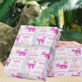 Papel De Presente T-Rex Cor-De-Rosa Adicionar Nome E Idade Dinossaur