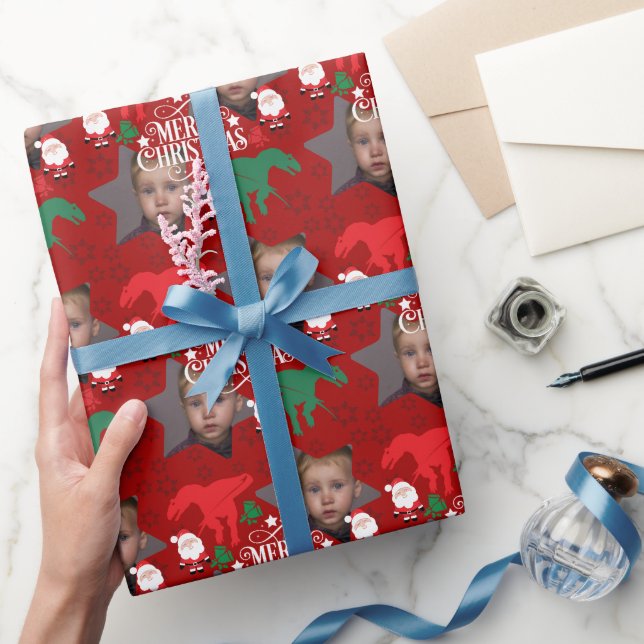 Papel De Presente T-Rex de Natal Personalizado com Foto (Presentear)