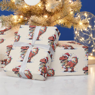 Papel De Presente T-Rex Engraçado Menino das Luzes de Natal