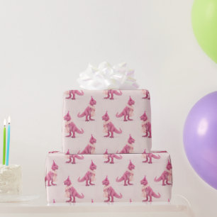 Papel De Presente T-rex rosa fofo com jiboia e chapéu de festa