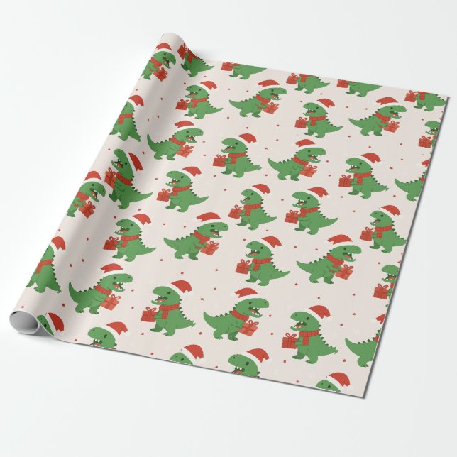Papel De Presente T-Rex Xmas para Crianças Retro Bonitas (Desenrolado)