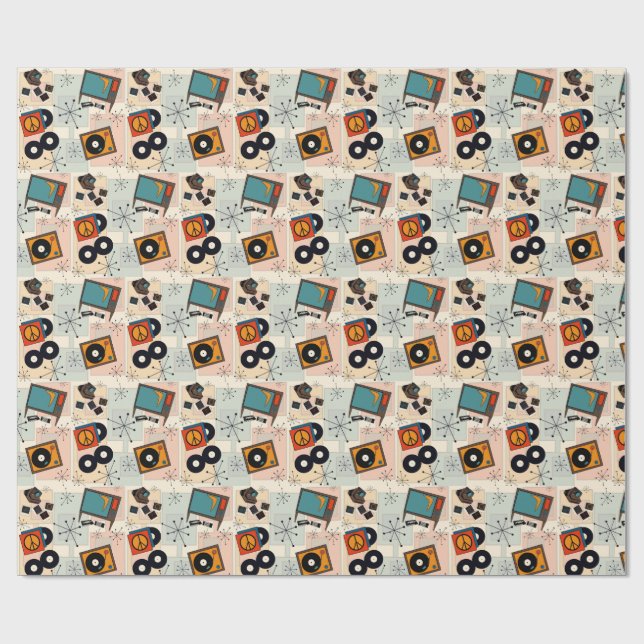 Papel De Presente T.v. retrô, som, câmera e álbuns de vinil (Aberto)