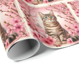 Papel De Presente Tabby Cat Japonês Cherry Blossom Flower Kitten