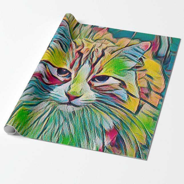 Papel De Presente Tabby Gato Branco Abstrato Verde Arte Azul (Desenrolado)