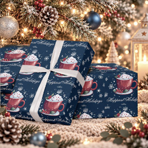 Papel De Presente Taça de Chocolate Quente de Natal   Azul