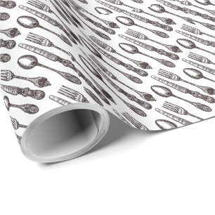 Papel De Presente Talheres de Prata Antigos Gravados Clássico Foodie
