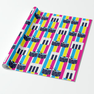 Papel De Presente Tambores Musicais Teclas de Piano Listras Colorida