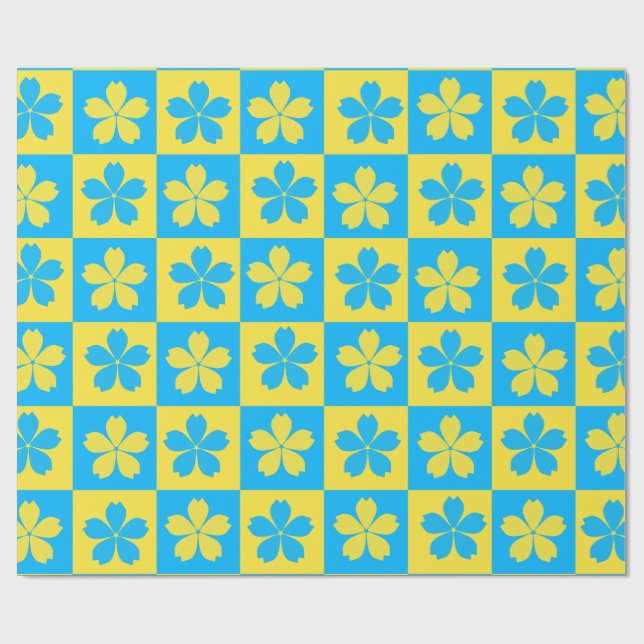 Papel De Presente Tampo floral amarelo e azul na placa (Aberto)