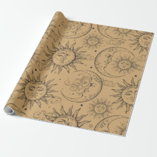Papel De Presente Tan Vintage Sol Lua Estrelas Celestiais