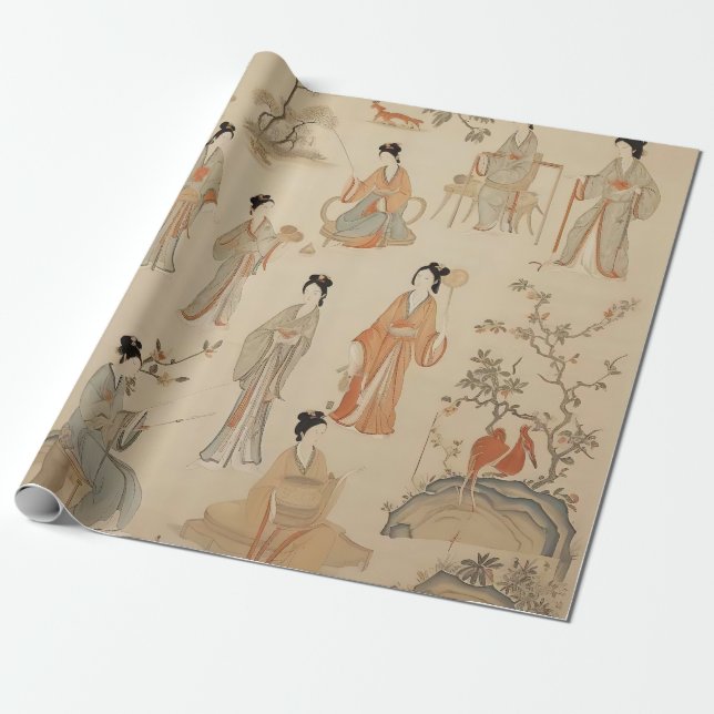 Papel De Presente Tang Dynasty Handmaidens Gift Wrap (Desenrolado)