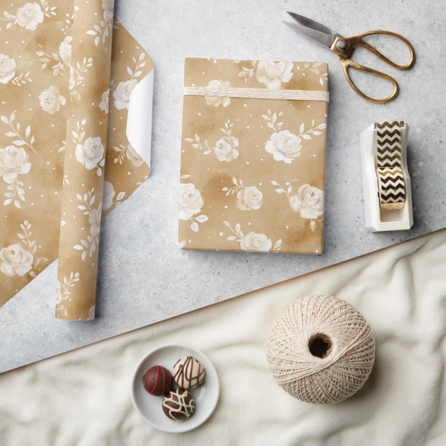 Papel De Presente Tão Marrom Creme Rosa Floral Aniversário (Artesanato)
